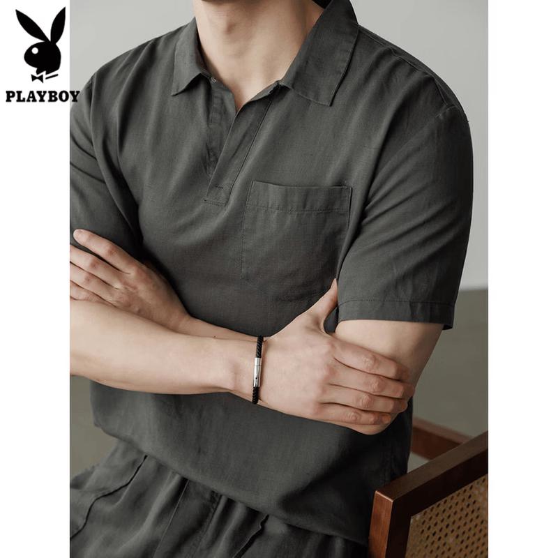 PLAYBOY Men s Linen Blend Seagull Collar Loose Fit T-Shirt XL (175cm)