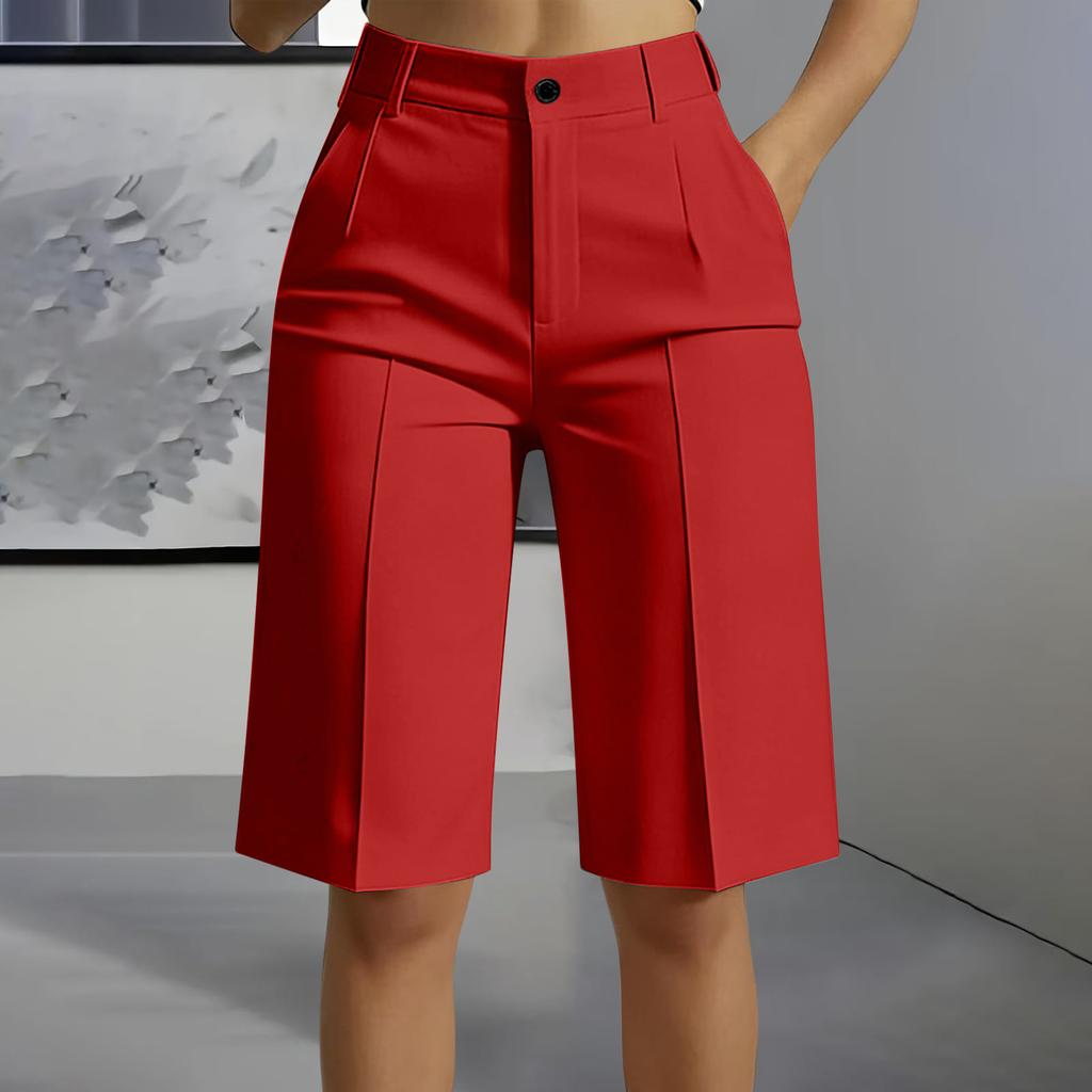 High Waist Straight Leg Bermuda Shorts for Women Casual Tailored Office Style Five Inch Length with Belt Loops and Front Pleats