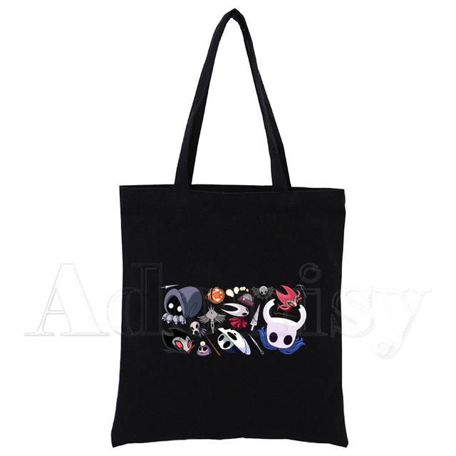 Hollow Knight Harajuku Konst Shopping Svarta Väskor Canvas Tote Bag Tryckt Tecknad Återanvändbar Tygkasse Handväska Axelväskor Anpassad
