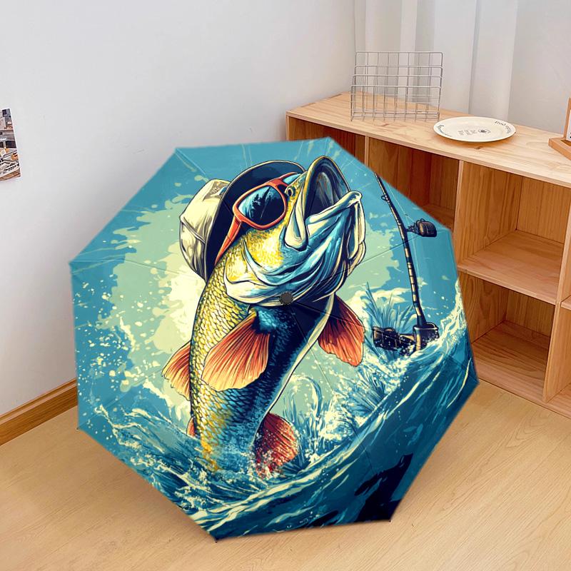 1 PC Automatic Folding Umbrella - Bass Fish Pattern, Portable & Foldable Design with 8 Ribs, Christmas Birthday Gifts