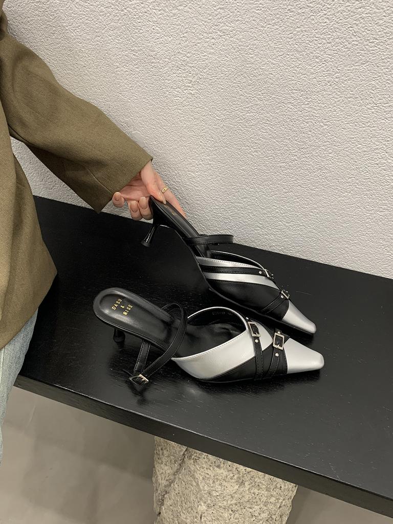 Fashion Black Silver Women Sandals Slides Slippers Summer Outside Party Dress Shoes Woman Thin High Heels Bow Design Slip On Sexy Office