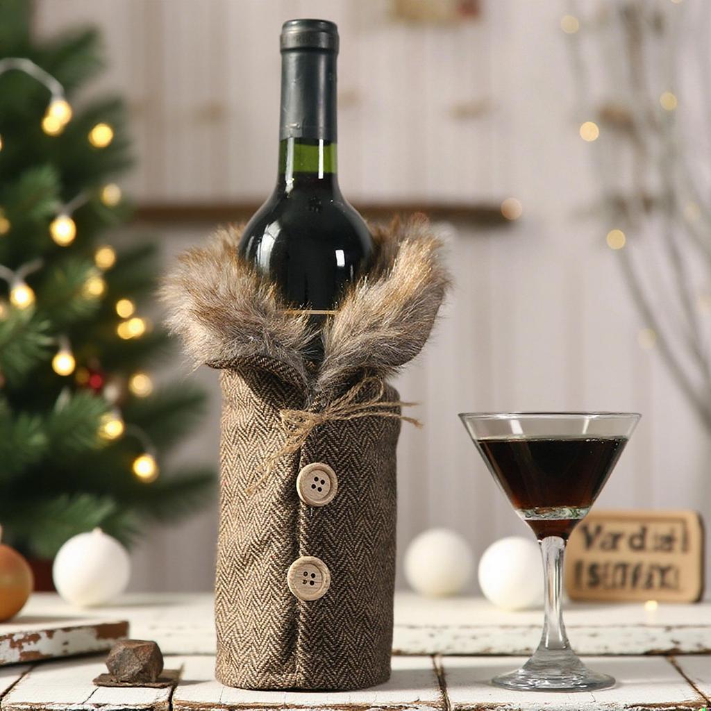 Mingguan Christmas Plaid Fur Collar Wine Bottle Cover & Bag