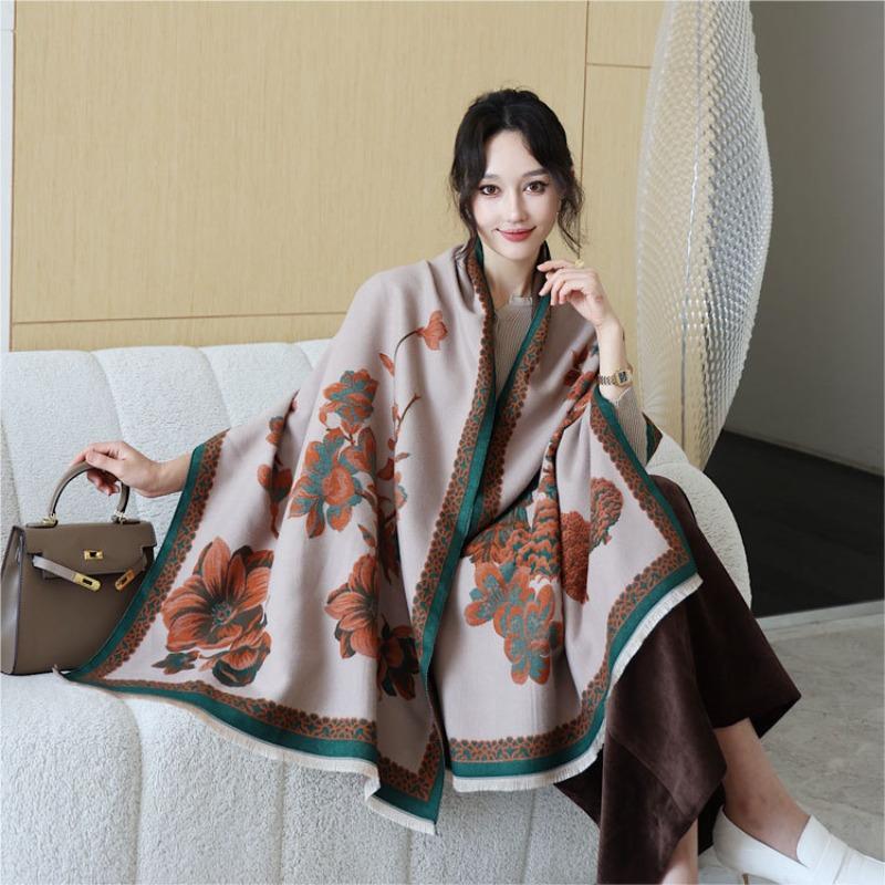 Autumn and Winter New Flowers Bloom and See Deer Jacquard Scarf Women's High-end Sense Versatile Imitation Cashmere Shawl Thickened Warm Scarf