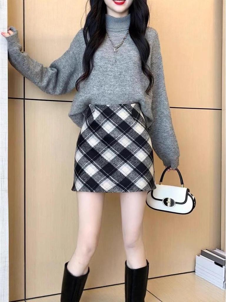 Wool Plaid High-Waisted A-Line Mini Skirt - Retro Academy Style for Autumn/Winter