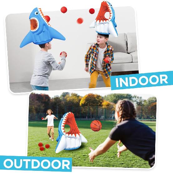 iPlay, iLearn Pool Wave Kids Shark Pool Toy, 3-in-1 Inflatable Float Water Game Basketball Football Head Hoop Toss, Toddler Outdoor Summer Swimming