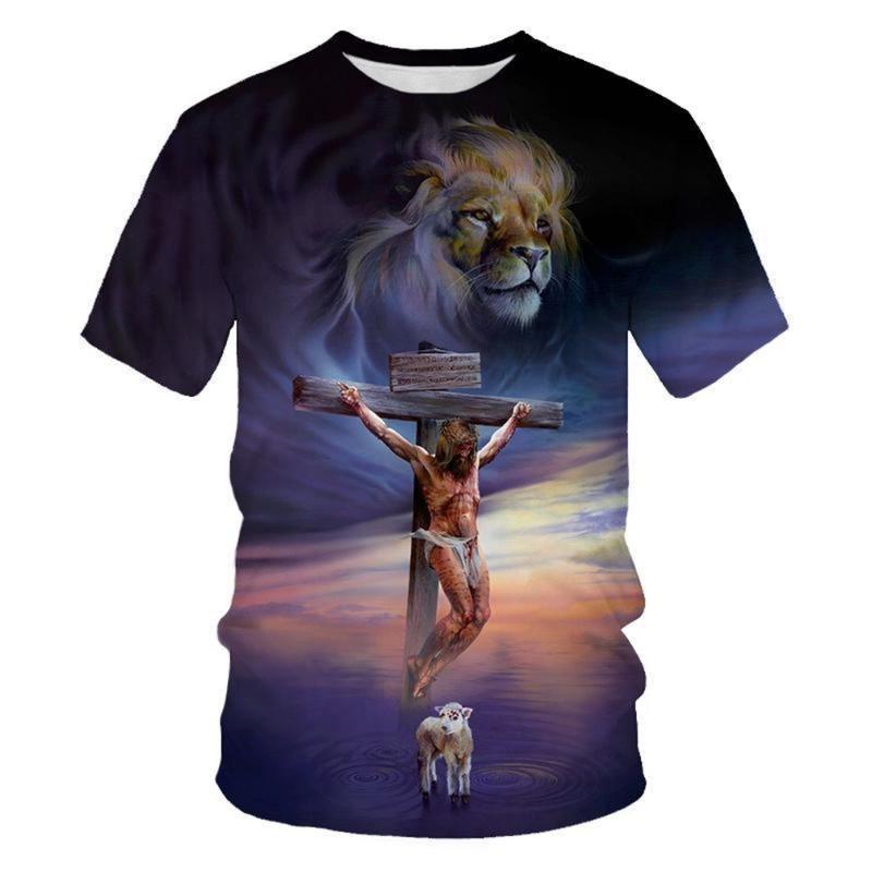 Summer fashion creative design cross lion 3D printing personalized Christian art T-shirt