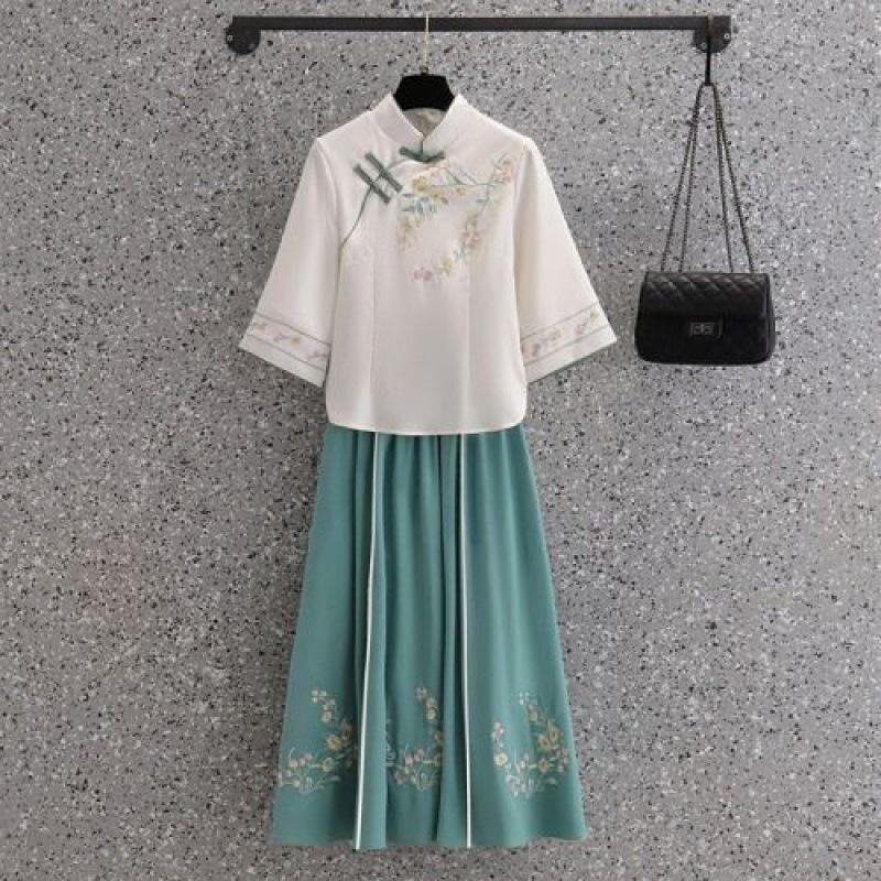 Spring Republic Women's Hanfu Tea Ceremony Dress: Tang Suit Slimming Embroidered Cheongsam Two-Piece Set