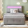 Upholstered Children's Bed 90x200 cm, With LED Lighting, Hydraulic Storage, Height-Adjustable Headboard, Single High Box, Velvet Fabric, Grey