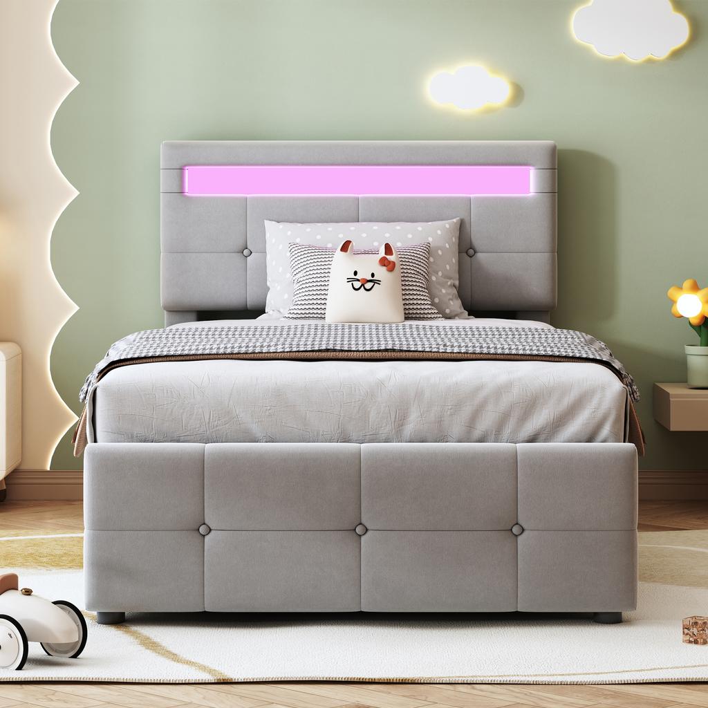 Upholstered Children's Bed 90x200 cm, With LED Lighting, Hydraulic Storage, Height-Adjustable Headboard, Single High Box, Velvet Fabric, Grey