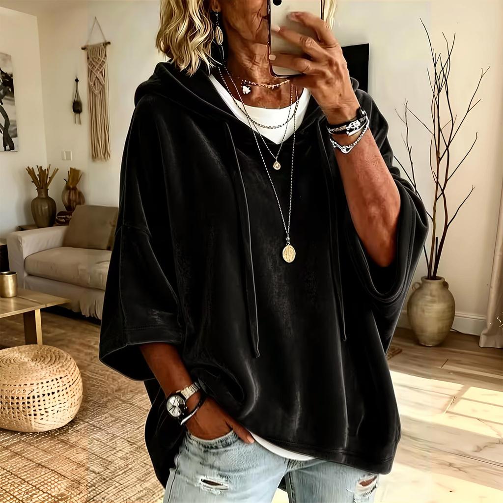 Women's 3/4 Sleeve Velvet Hoodie Color Casual Pullover Top