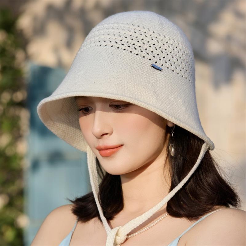 Summer Hollow Knitted Bucket Hat High-End Sun Hat Breathable Sunscreen Basin Hat Versatile Lace-Up Bucket Hat
