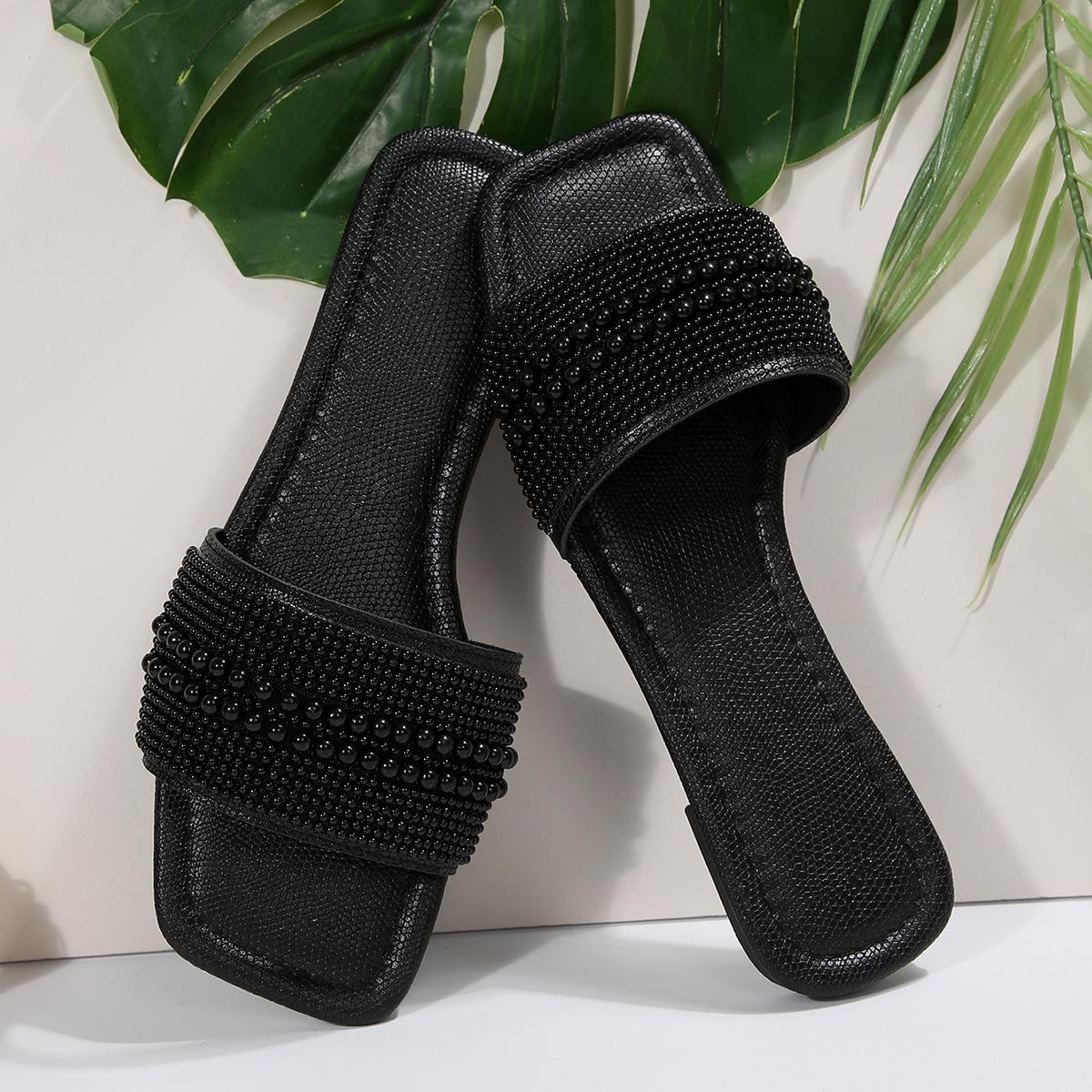 

[Foreign Trade] Fashion Internet celebrity soft flat bottom comfortable open toe sandals new sparkling slippers women 43 чёрный