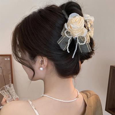 Korean Sweet Rose Acrylic Pearl Fringed Hairpin Versatile Back Head Shark Clip Fashionable Personalized Hair Accessories