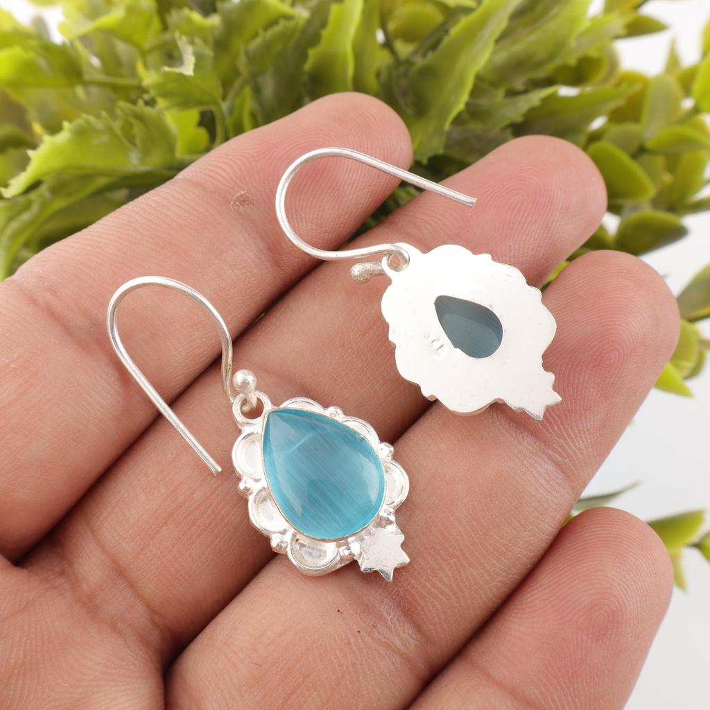 Blue Cat's Eye 925 Solid Sterling Silver Earrings, Handmade Gemstone Earrings Jewelry, Gifts For Wife Brand New Earrings