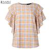 ZANZEA Damen Sommer Rüschenärmel Locker Lässige Karodruck Bluse