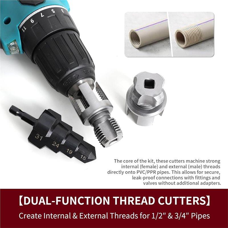 ABBP-3Pcs PVC Pipe Threading Tool Kit, Includes 1/2" & 3/4" Internal/External Thread Cutters, Reamer And Step Drill Bit