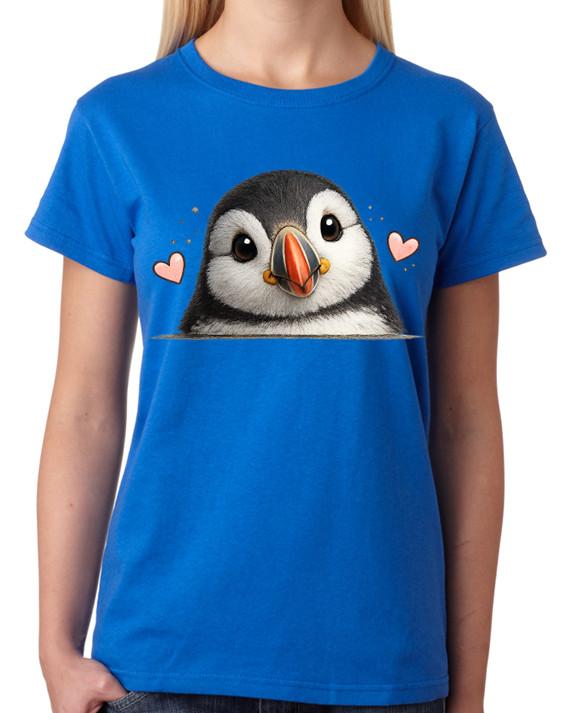 Cute Puffin Face Illustration Ladies T-Shirt Adorable Bird Art Tee M