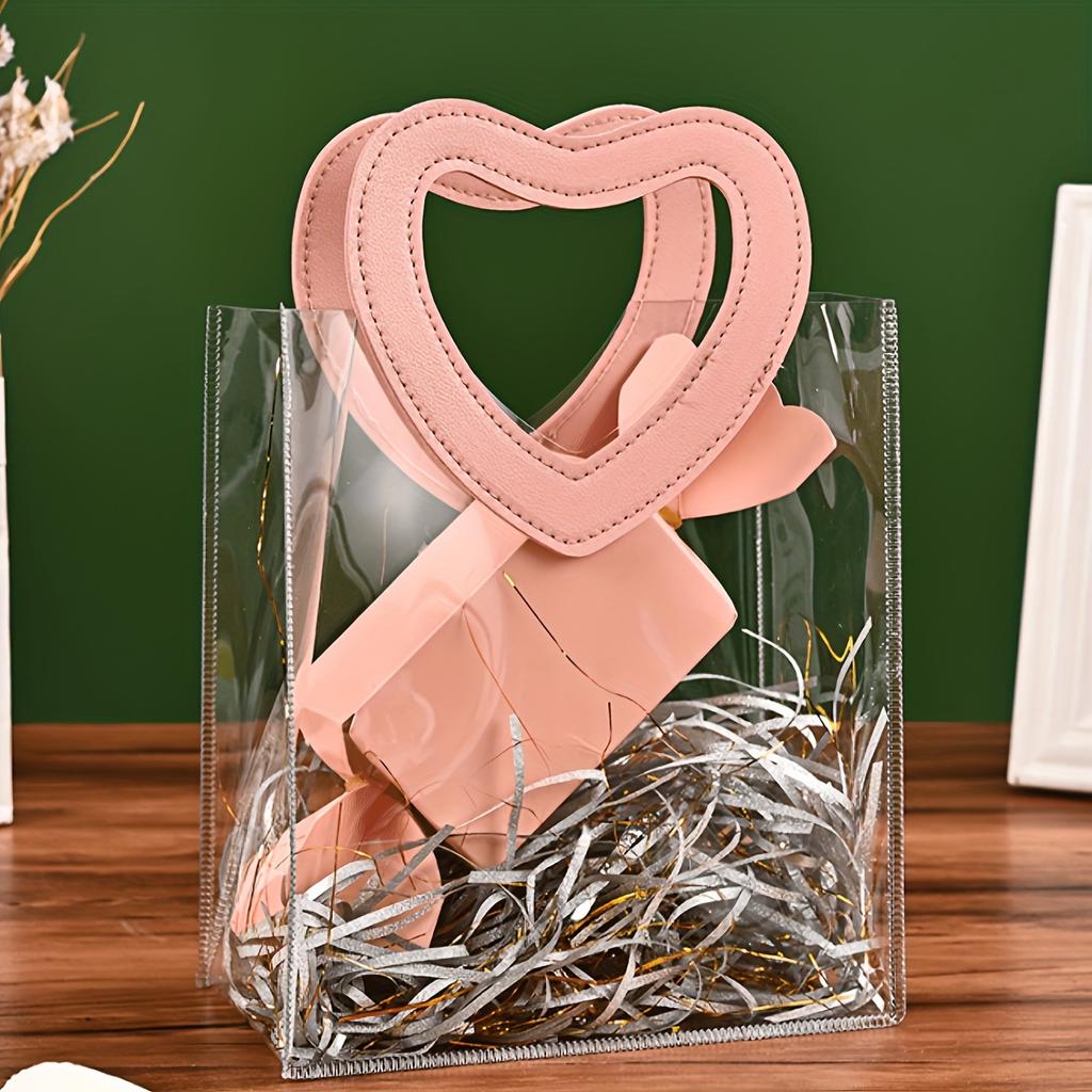 Transparent PVC Gift Bags with Heart-Shaped Handles | Reusable Striped Plastic Tote for Bridal Parties, Anniversaries, Couple Gifts