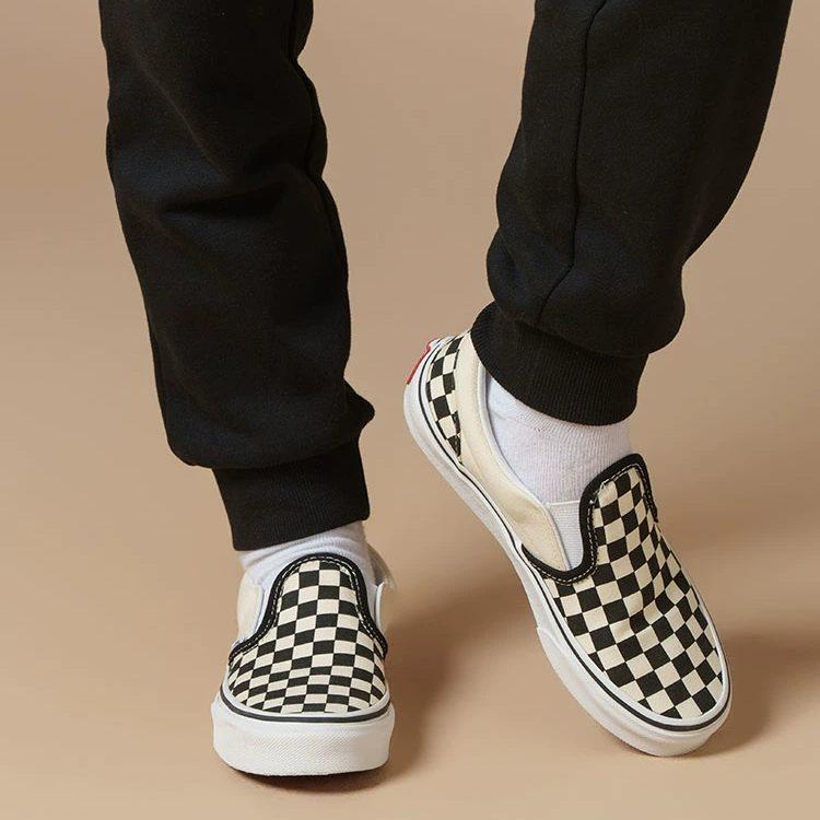 Vans CLASSIC SLIP on Canvas Breathable Low top Kids' Skateboarding Shoes Black White Checkerboard VN000ZBUEO1