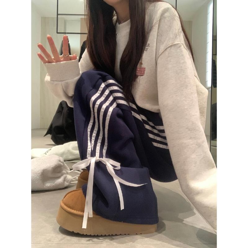 

2024 Новый стиль, прямые брюки с бантом и лентой, спортивные штаны M темно-синий