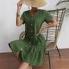 Women's V Neck Button Front Ruffle Hem Midi Dress Short Sleeve Casual Dress