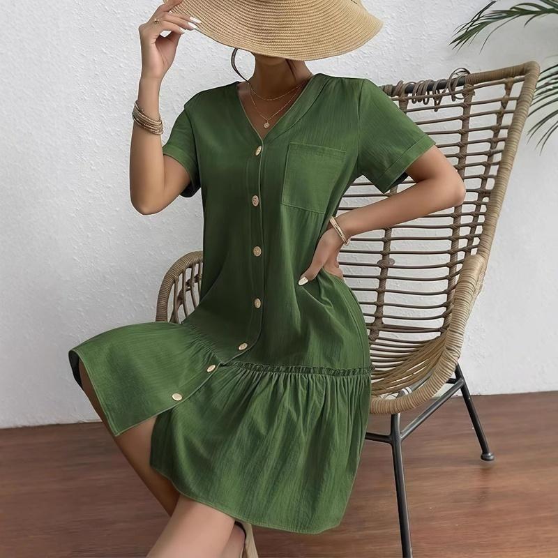 Women's V Neck Button Front Ruffle Hem Midi Dress Short Sleeve Casual Dress