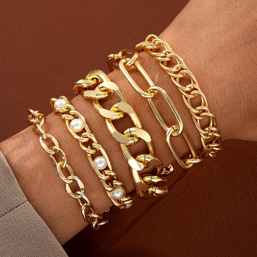 5Pcs/Set Chunky Metal Chain Bracelets For Women Simple Gold Silver Color Imitation Pearl Beads Bracelet Fashion Jewelry Gift New