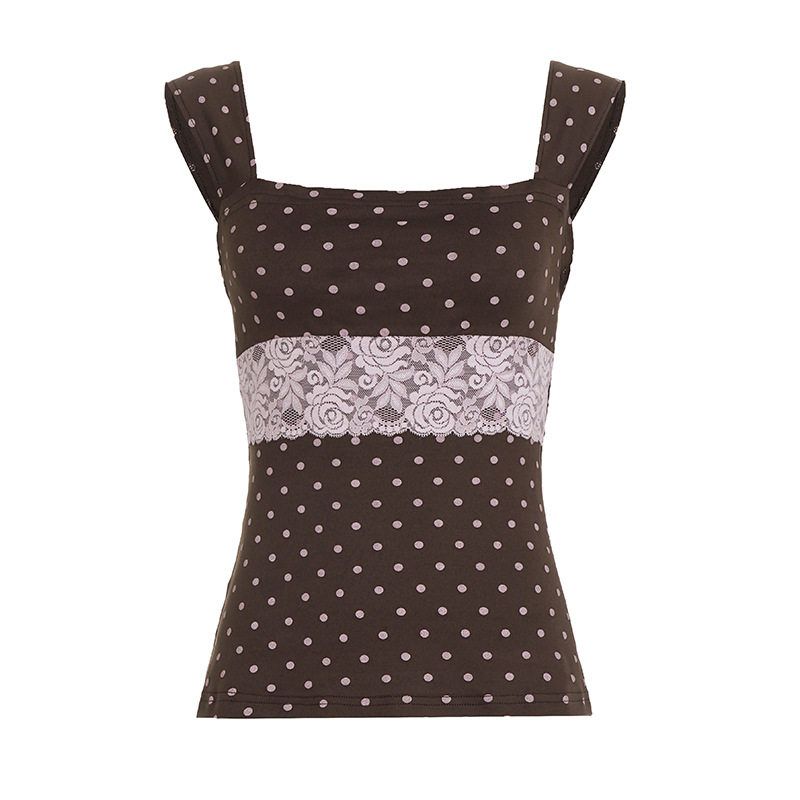 2026 Summer Women s New Style American Retro Polka Dot Print Slim Fit Vest Hot Girl Square Neck Sleeveless Casual Top Brown S