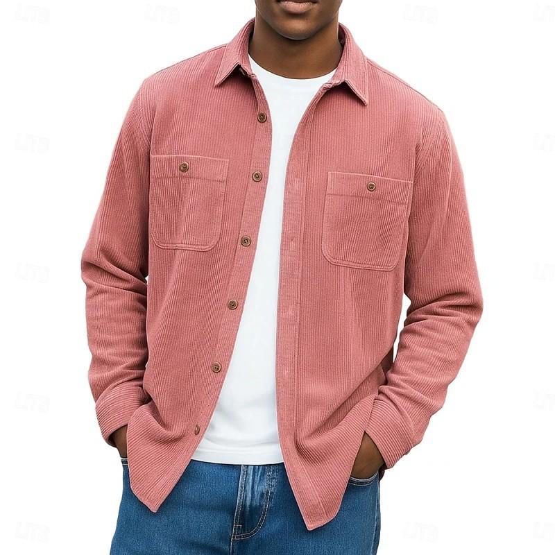 Autumn Winter Men's Solid Color Corduroy Double Pocket Button Long Sleeve Casual Shirt