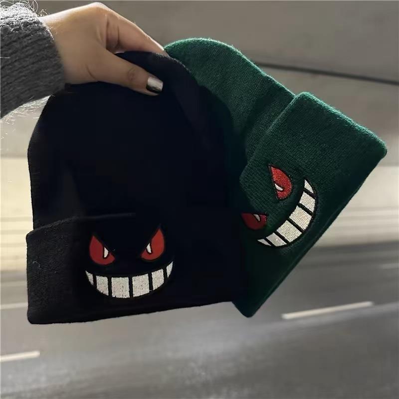 Devil smiley face label wool hat women's autumn and winter warm trend versatile ear protector black knitted hat