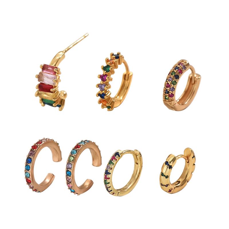 7pcs Bohemia Colorful Crystal Zircon Stud Earrings For Women Luxury Copper Ear Cuff Without Piercing Earring Party Charm Jewelry