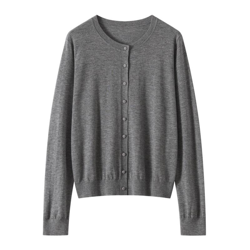 100 Worsted Wool Autumn New Solid Color Bag Button Crew Neck Knitted Cardigan Wool Knitted Cardigan