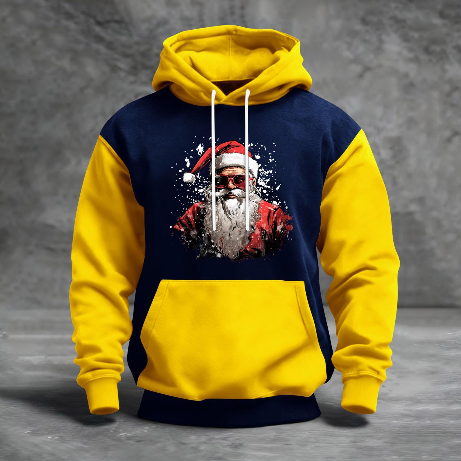 

Men s Christmas Print Color Block Hooded Casual Sports Comfort Sweatshirt XL