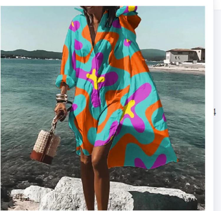 Trendy 3D Floral Print Lapel Long Sleeve Dress
