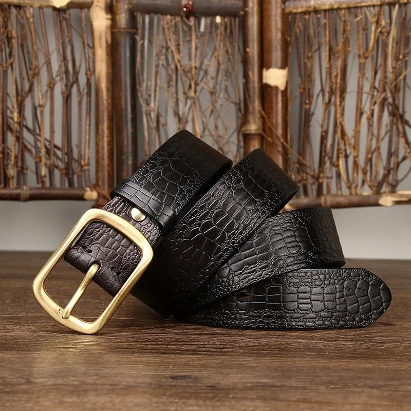 

3,8 см ремни из натуральной кожи высокого качества из натуральной кожи для мужчин, фирменный ремень с мужской латунной пряжкой, Estampado, ретро-джинсы, ковбойские чинтосы 115CM чёрный