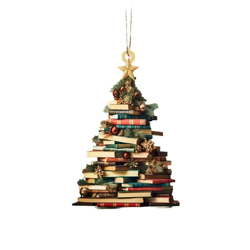 2026 Christmas Tree Shape Bookshelf Pendant, 2D Acrylic Flat Books Stacked Christmas Ornaments Home Decoration Party Supplies