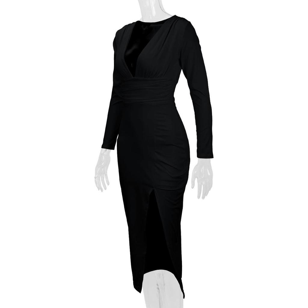 2025 Autumn/Winter Sexy Bodycon Slimming V-Neck Long Sleeve Slit Dress