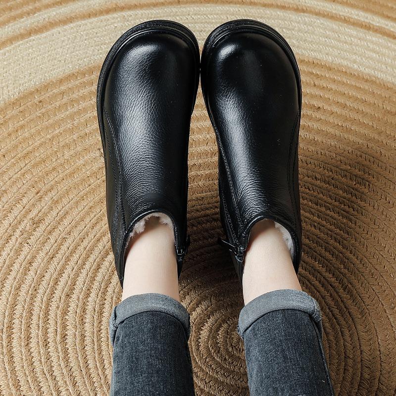All Cowhide Wool Women's Boots Winter New Middle and Old Wedge Heel Mother Boots Retro Short Boots Platform Leather Cotton Shoes