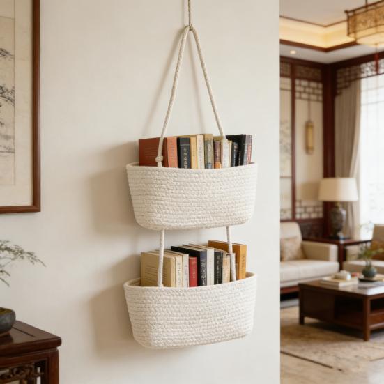 Rope Woven Storage Basket Boho Foldable Washable Hanging Baskets Multi-Tier Wall Mounted Organizer for Kitchen Produce Nursery Decor