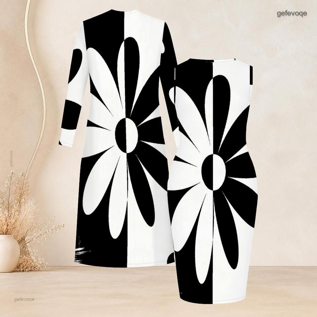 Women Plus Size Two Piece Set Long Sleeve Open Front Cardigan Sleeveless Bodycon Dress Black White Floral Printed