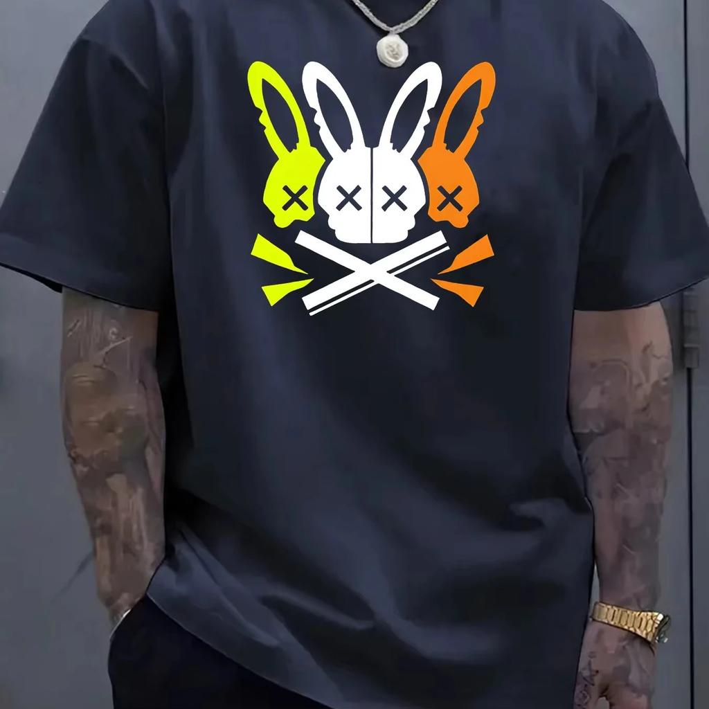 2025 Men's 100_ cotton summer loose fit large Rabbit Skull Graphic printed slim fit casual sports round neck short sleeved