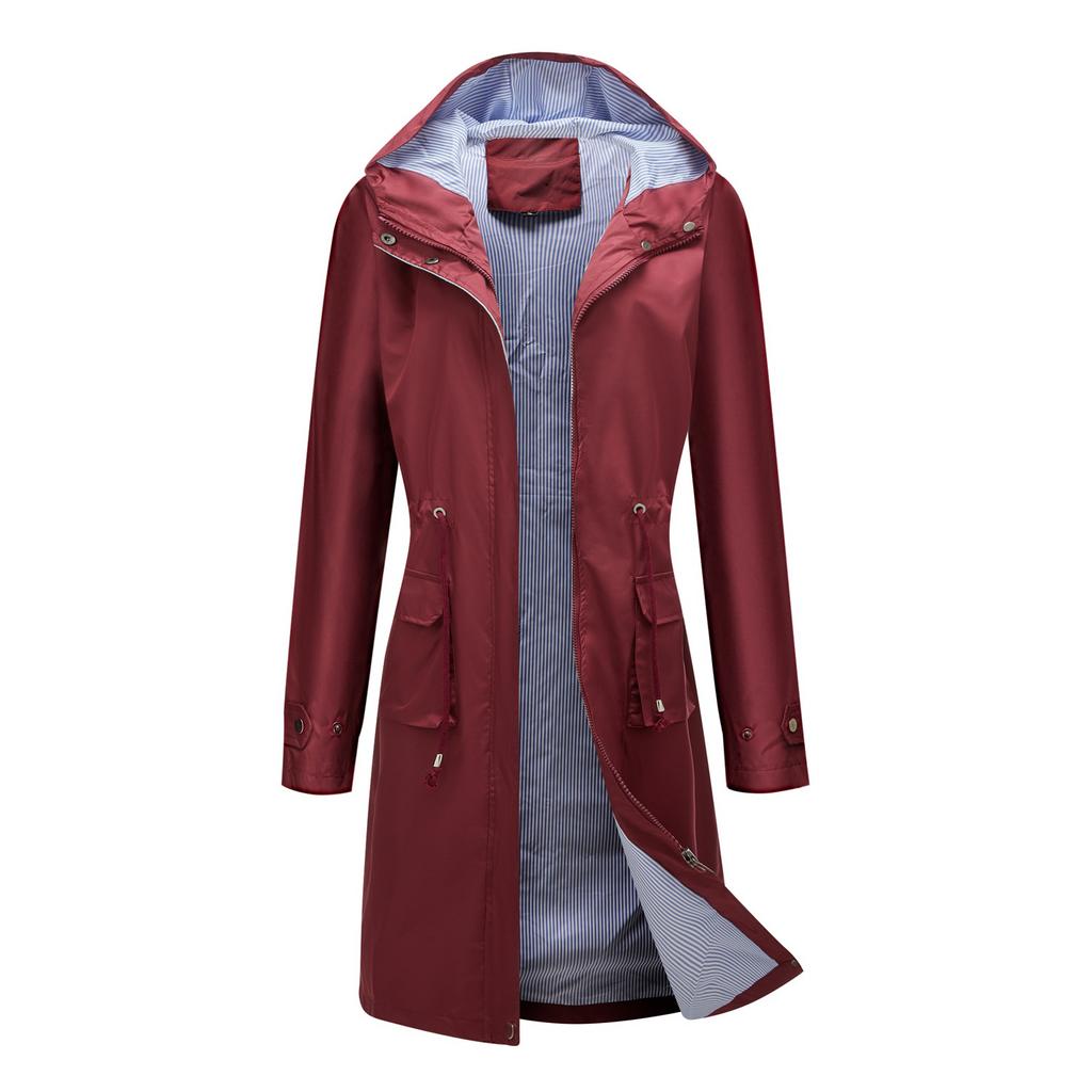 Long Informal Trench Coat Women's Anti-splashing Hooded Solid Color Top Striped Lining Straight Jacket