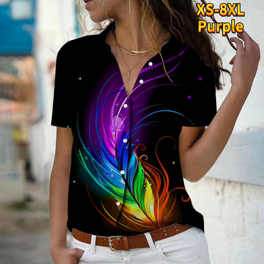 2025 Summer New Fashion Women's Feather Printed Short Sleeve V-neck Casual Button-down Shirt Top