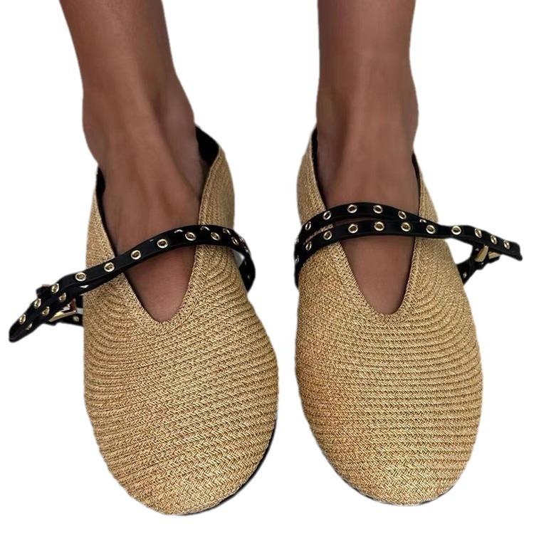 2024 Hand Knitting Buckle Strap Women Ballet Flats Shoes Solid Color Casual Women Mary Janes Shoes Breathable Round Toe Loafers