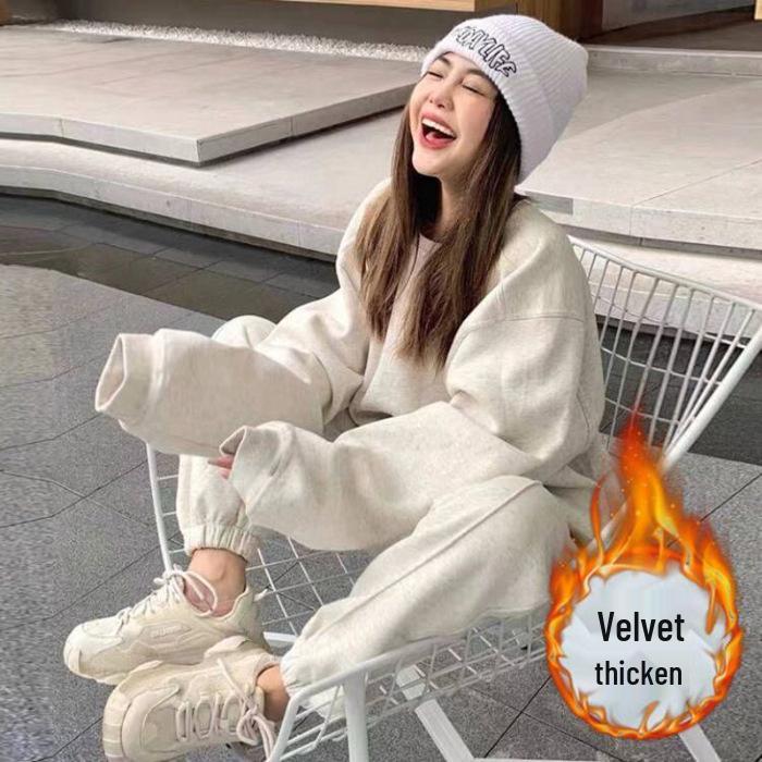 Women's 2025 Fleece-Lined Casual Sportswear Set: Autumn/Winter Fashion, Age-Reducing Loose Sweatshirt & Pants Two-Piece Set