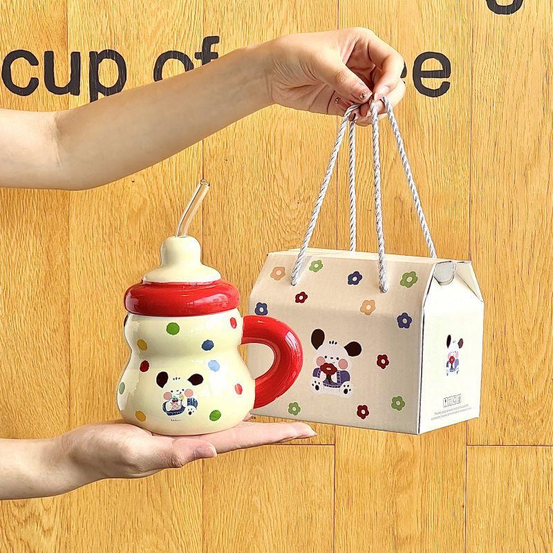 Straw water cup cute girl high-value ceramic mug household drinking cup birthday gift