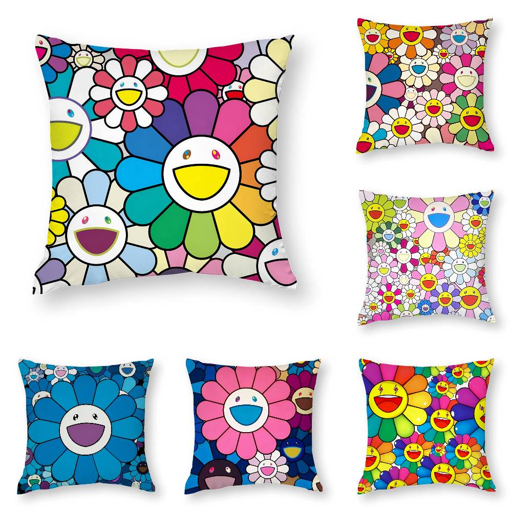 Design Art Kawaii Flowers Pillow Case Square Double‑Sided Print Cushion Case For Sofa Home Bedchamber Decor Gift