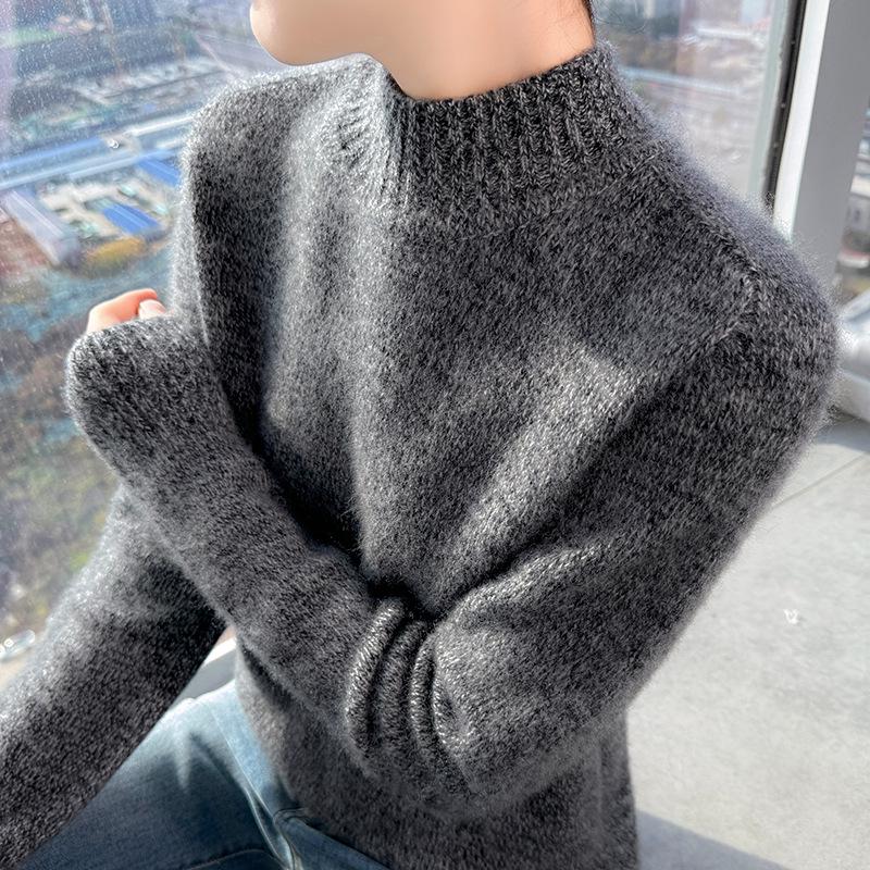 Women's Chunky Knit Wool Sweater, Half High Neck, Long Sleeve, Marled Yarn, Loose Fit Jumper