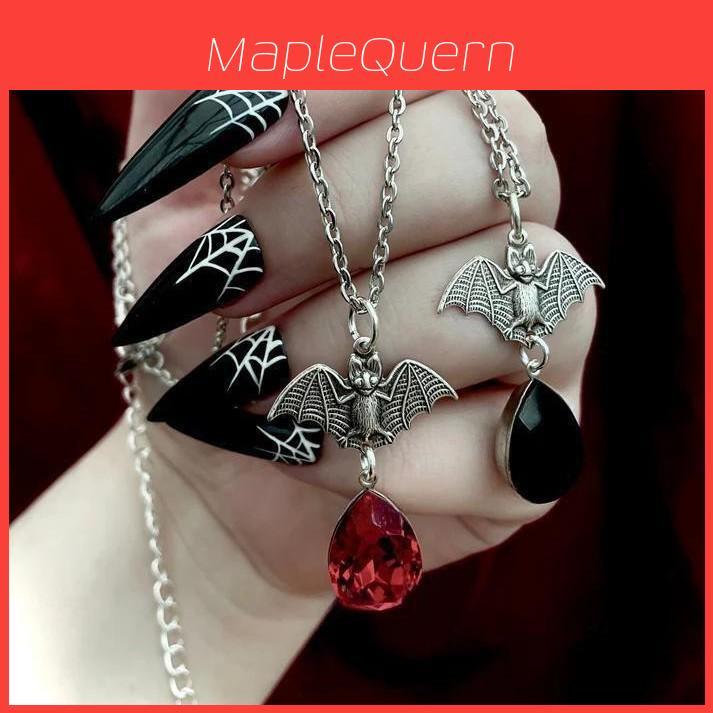 Gothic Bat Necklace Blood Drop Pendant Stainless Steel With Cross Chain For Women