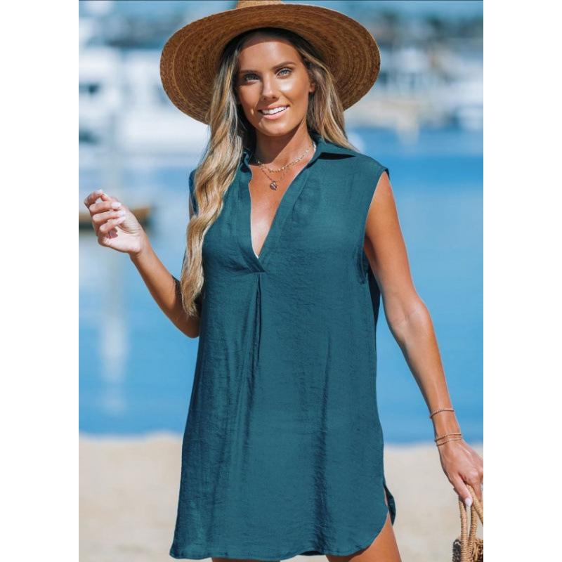 2025 Women's V-Neck Solid Color Beach Sun Protection Dress